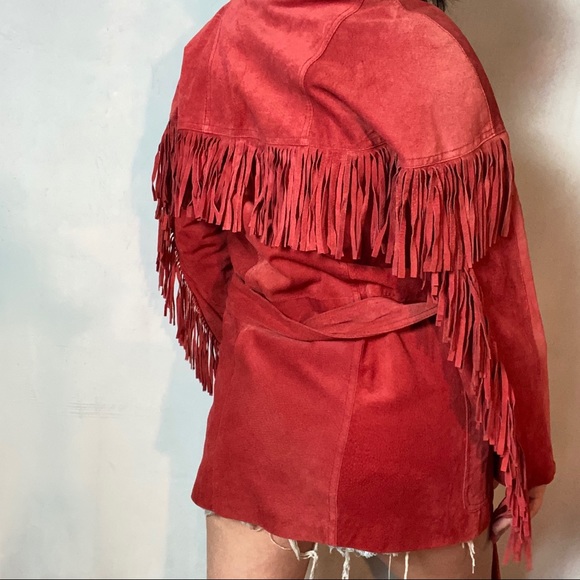 VINTAGE 100% LEATHER RED FRINGE SHORT TRENCH COAT - Picture 8 of 9